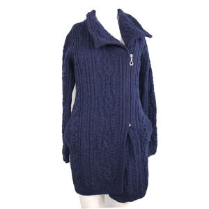 The Woollen Market Cardigan Womens Sz XS Blue Irish Wool Cable Knit Zip Sweater